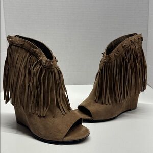 Ash Ankle Booties Wedges Peep Toe Fringe Heeled Boots Suede Tan Brown Size 38.5
